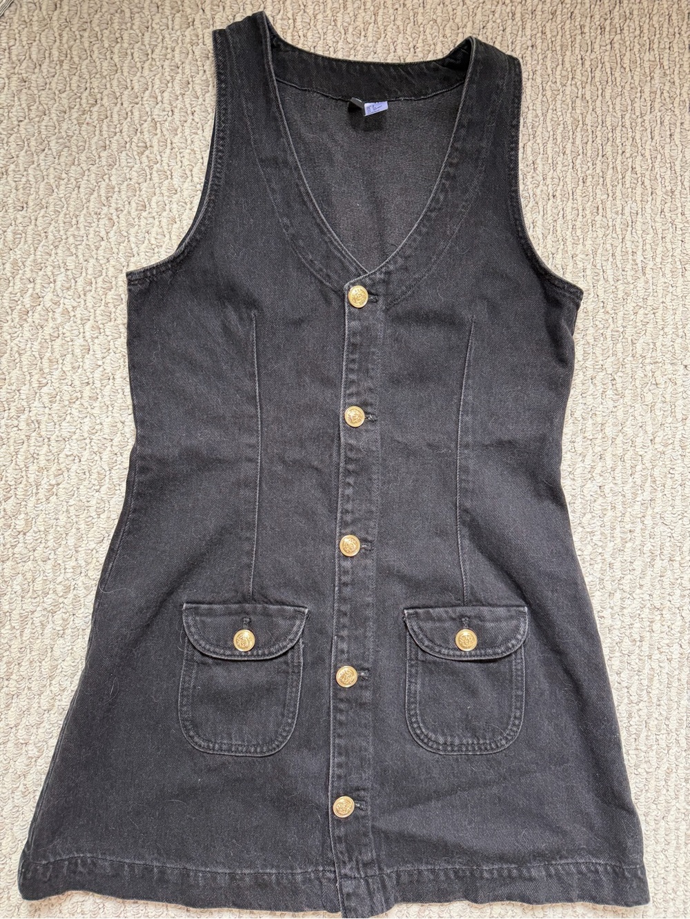 H&M Divided Charcoal Black V-Neck Denim Mini Dress with Gold Buttons